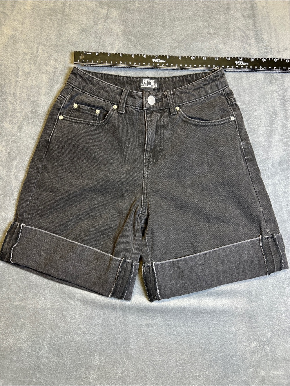 High-Rise Black Denim Rolled Cuff Shorts